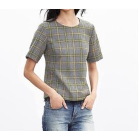 Banana Republic Gray Plaid Lace Trim Tweed Boxy Wool Blend Top XL-Preppy, Work - Picture 1 of 10